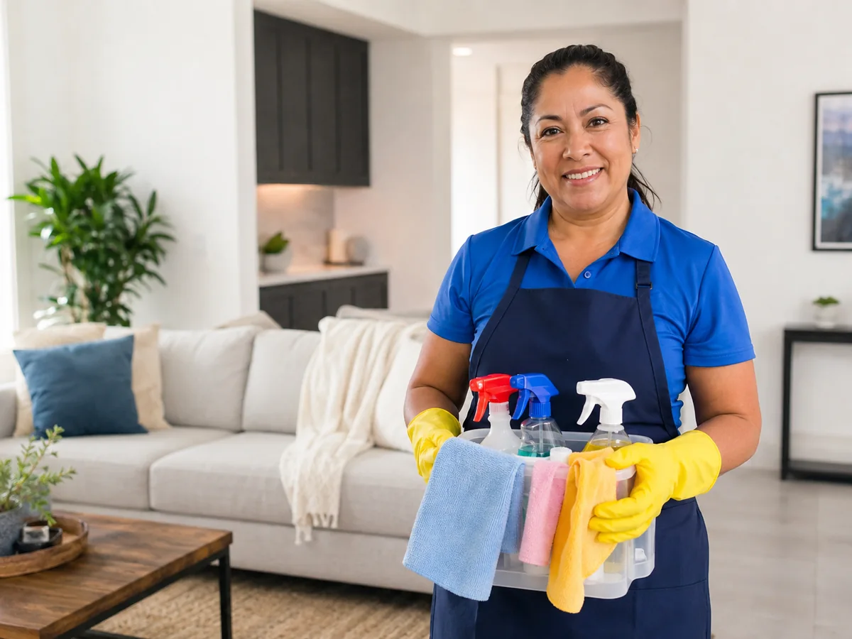 Latina cleaning professional holding cleaning supplies