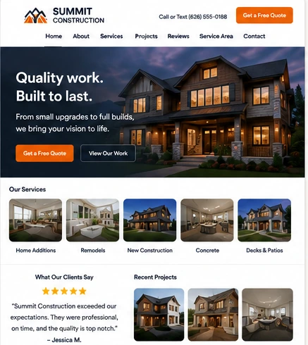 Example of a full business website with navigation, services, projects, reviews, and a quote form