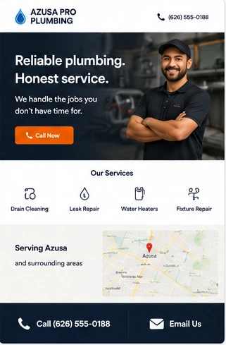 Example of a simple one-page plumbing website with core services, a service-area map, and basic contact options